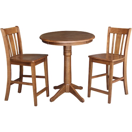 International Concepts Round 30 in Rd Ped Gathering Ht Table, 2 San Remo Stools, Distressed Oak, 30 in W, 30 in L, 35.9 in H K42-30RT-27B-S102-2